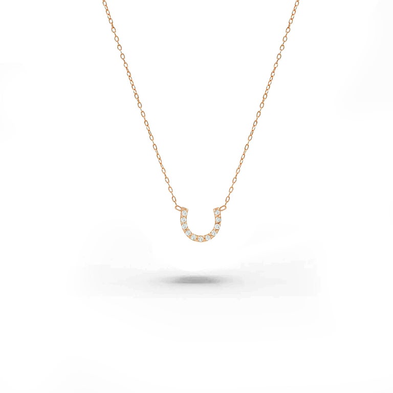 18k Gold Dainty Horseshoe Diamond Necklace Slim U Shape Necklace For Sale at 1stDibs