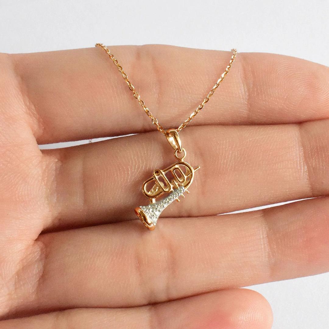 Modern 18k Gold Dainty Tiny Trumpet Charm Pendant Necklace Musical Jewelry For Sale