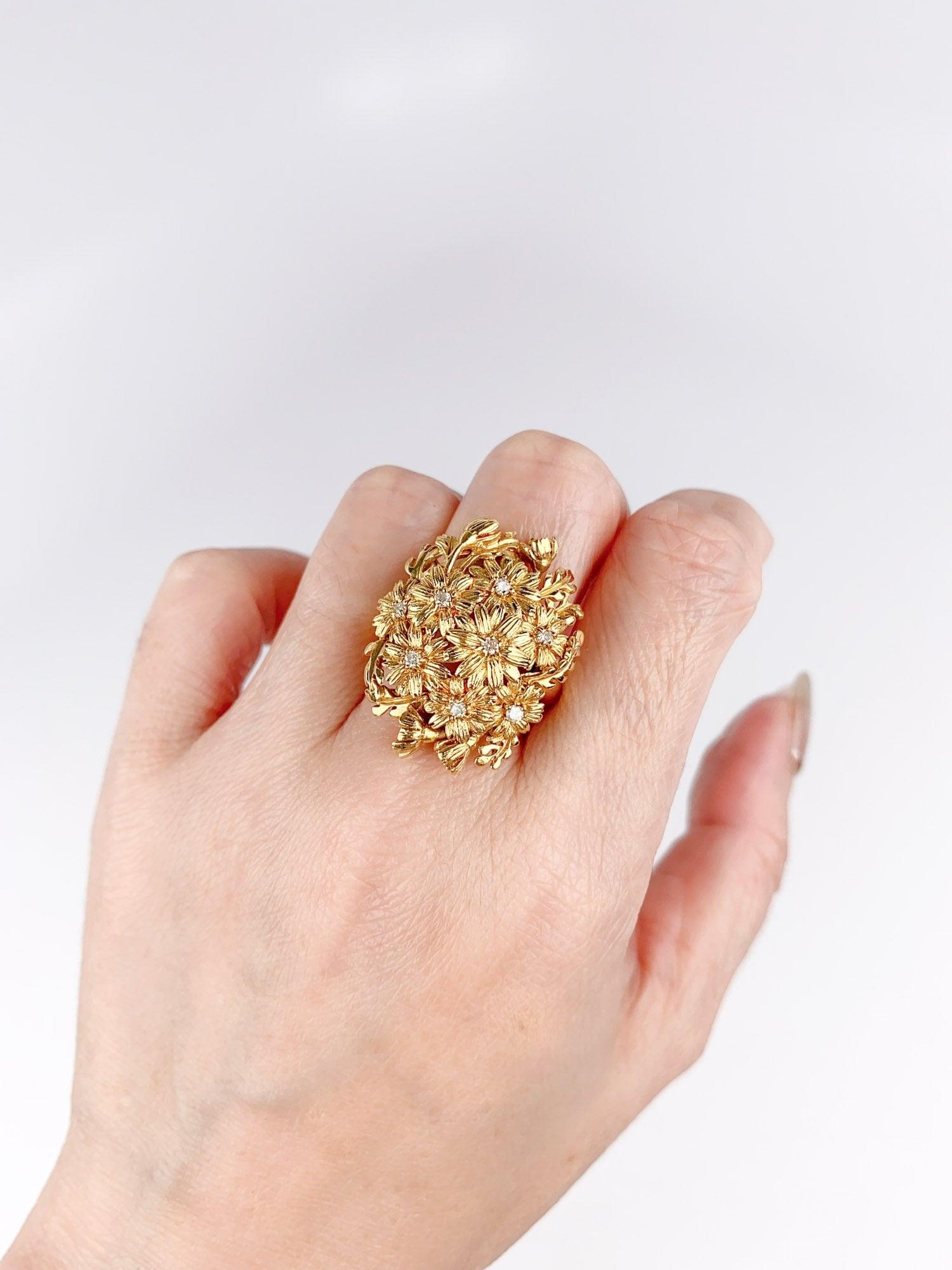 Bague en or 18K à fleur de marguerite et diamant 9g+, superbement tridimensionnelle Bon état - En vente à Osprey, FL