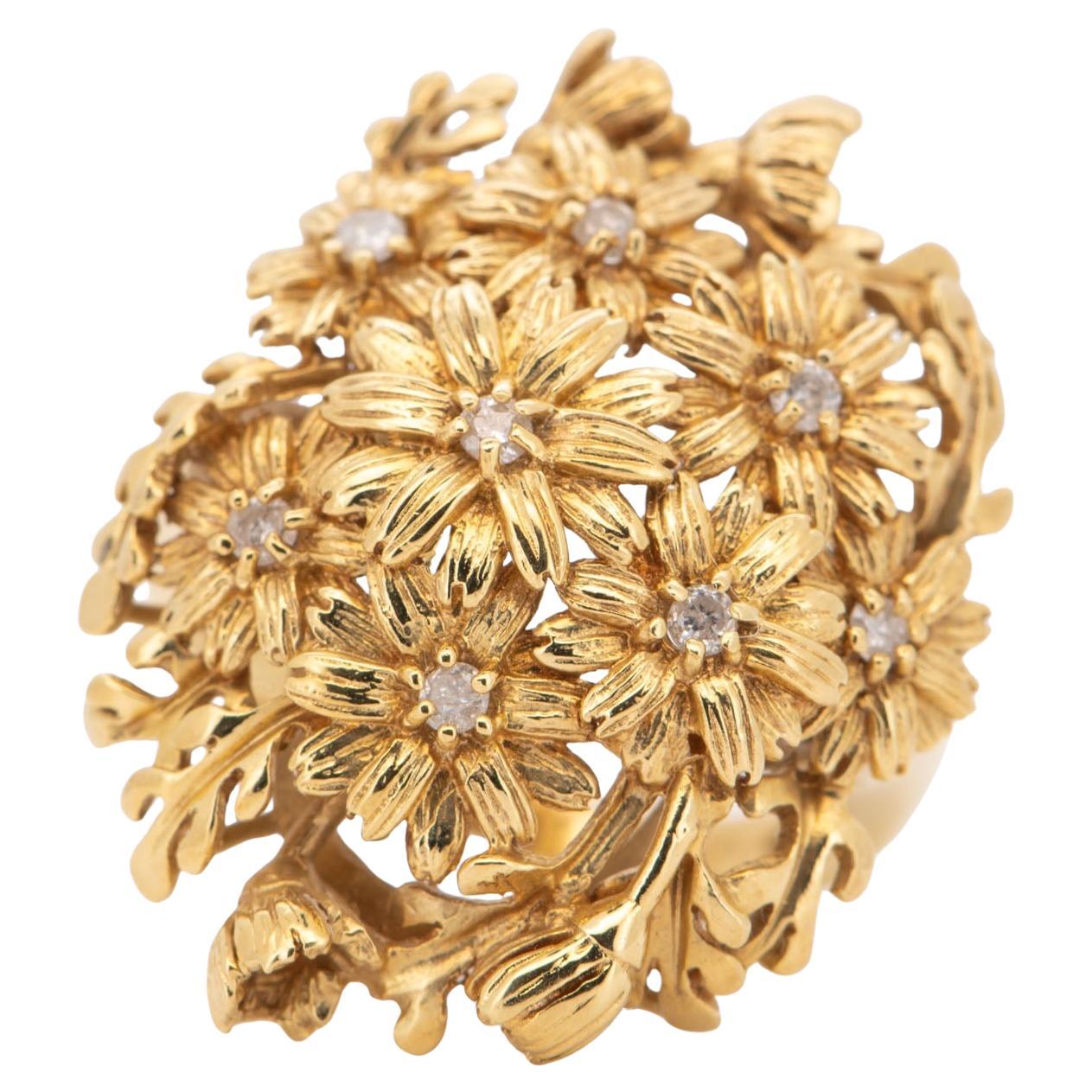 Bague en or 18K à fleur de marguerite et diamant 9g+, superbement tridimensionnelle en vente