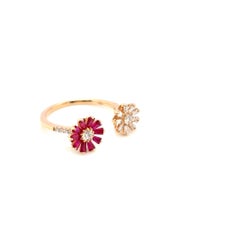 18k Gold Daisy Ring with Burmese Ruby Baguettes Cts 0.63 African Diamond Cts0.34