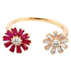 18k Gold Daisy Ring with Burmese Ruby Baguettes Cts 0.63 African Diamond Cts0.34