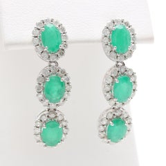 18k Gold Dangle and Drop Emerald and Diamonds Earrings for Women