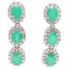 18k Gold Dangle and Drop Emerald and Diamonds Earrings for Women