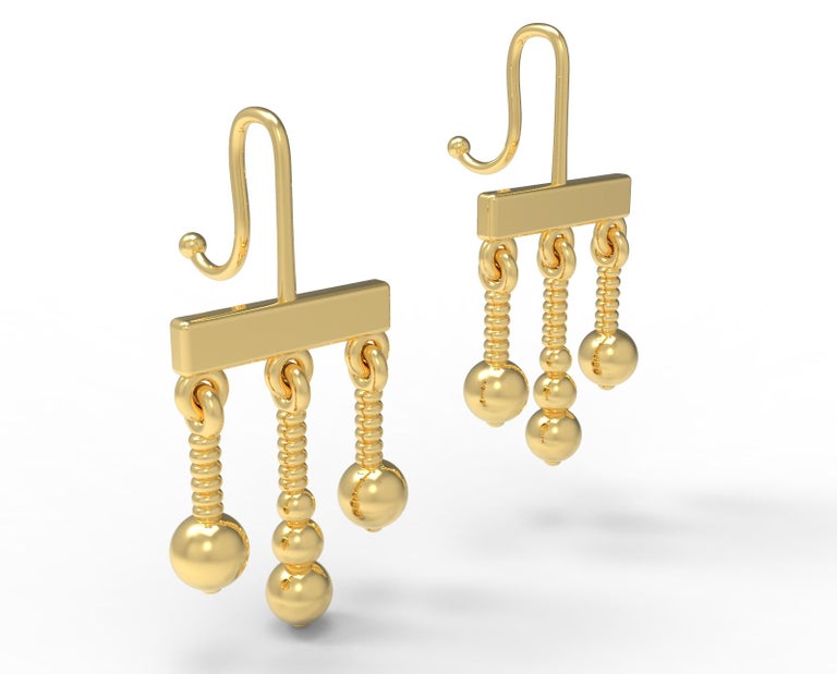 Women's 22 Karat Gold Dangle Earrings by Romae Jewelry - Inspired by Ancient Designs For Sale
