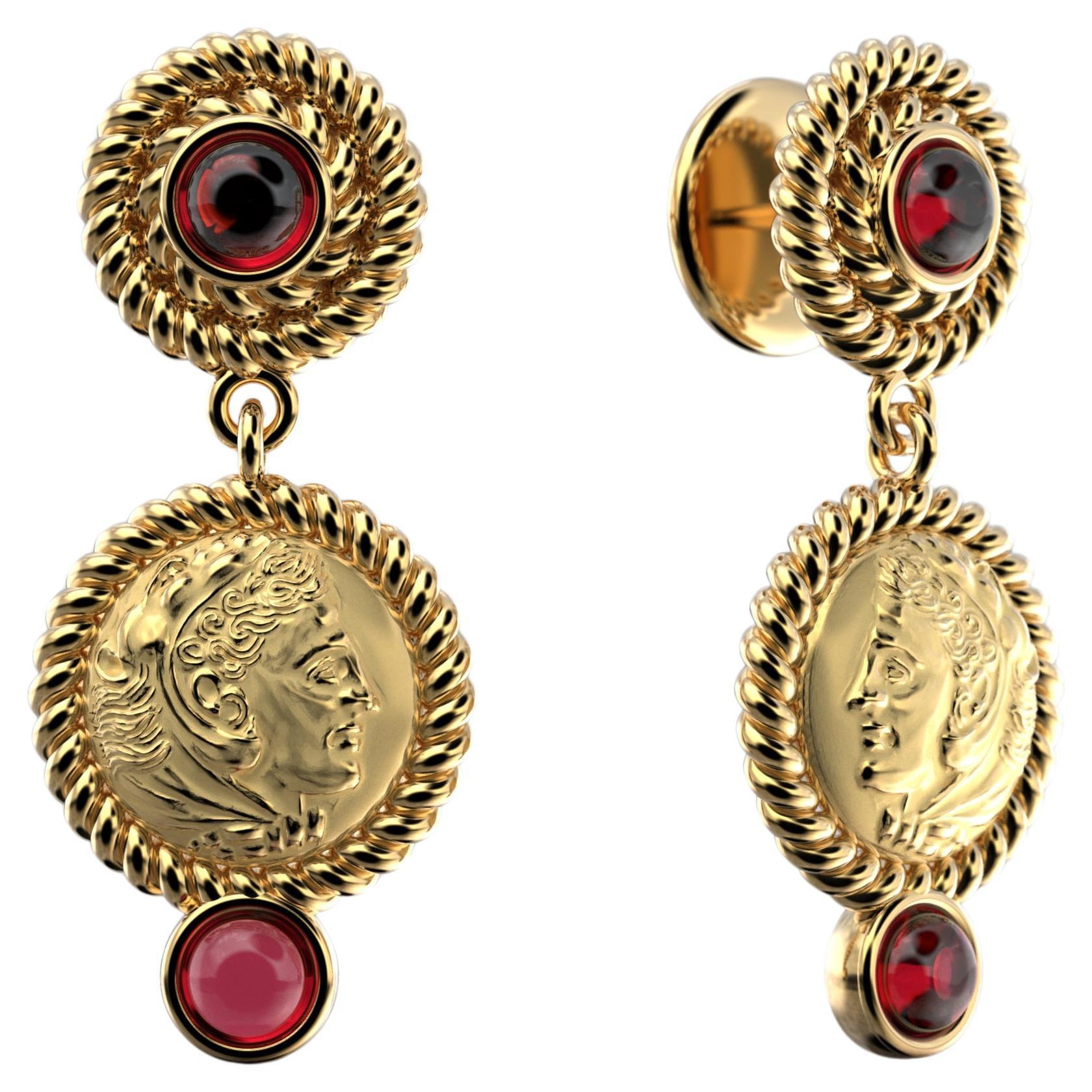 Made to order in 18k Gold and Natural Garnets. Yellow gold, rose gold or white gold.
Discover our exquisite Made in Italy Dangle Earrings, crafted with meticulous artistry in either 14k or 18k gold and adorned with stunning natural Garnet cabochons