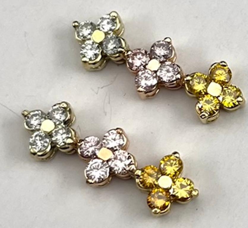Contemporary 18K Gold Dangle Natural Round Greenish, Pink, Orangey Yellow Diamond Earrings For Sale