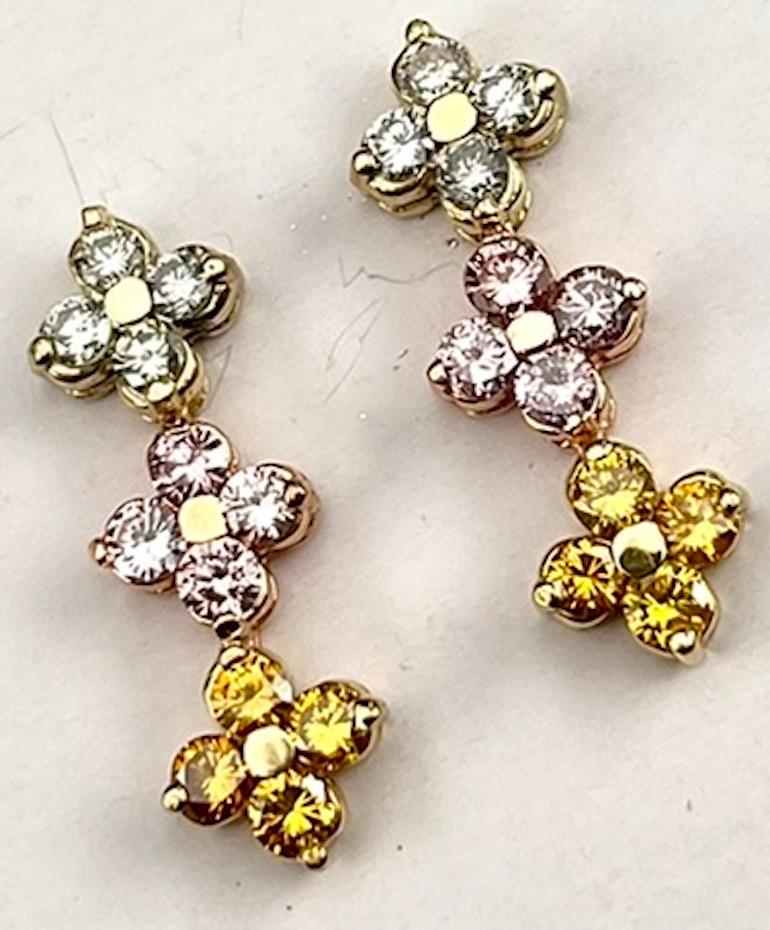 18K Gold Dangle Natural Round Greenish, Pink, Orangey Yellow Diamond Earrings In New Condition For Sale In San Diego, CA