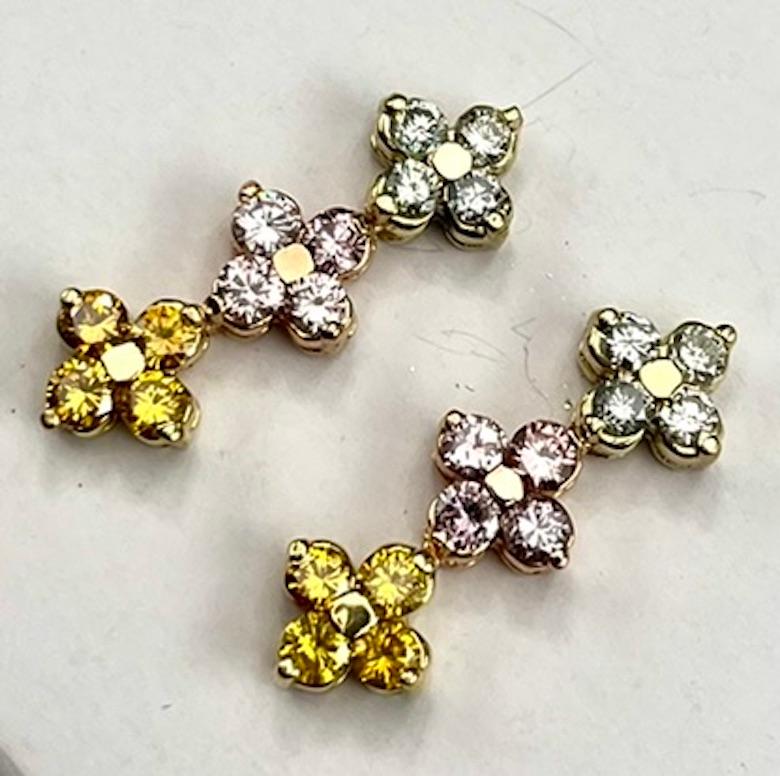 Women's or Men's 18K Gold Dangle Natural Round Greenish, Pink, Orangey Yellow Diamond Earrings For Sale