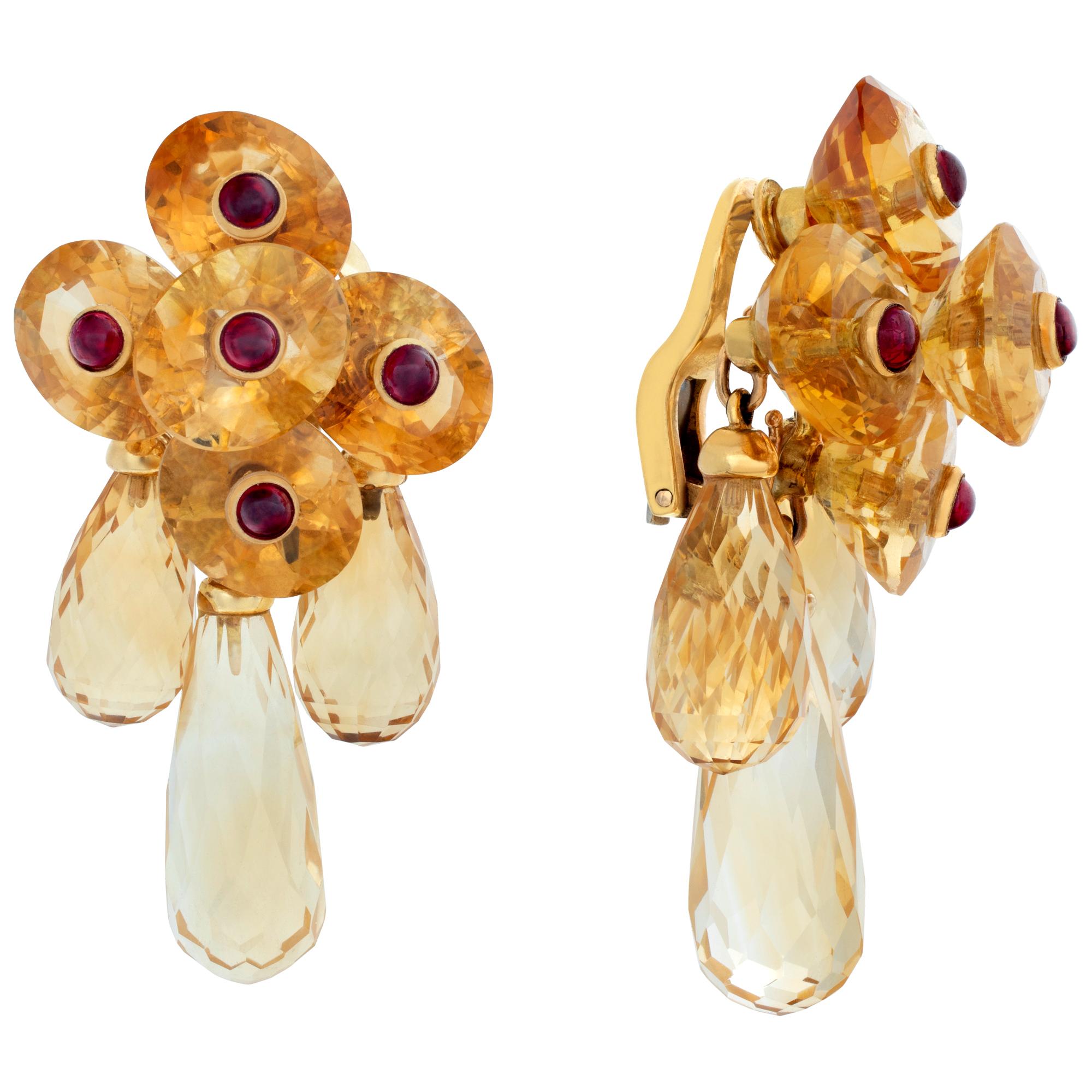 Oval brilliant cut, faceted citrine beads with cabochon ruby center, dangling briolet cut earrings set in 18K gold. Three Briolet cut dangling citrine  on each earring can be removed for a less formal look. Post can be added upon request.
