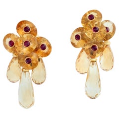 18K gold dangling Earrings. Oval brilliant cut faceted ctirine beads 
