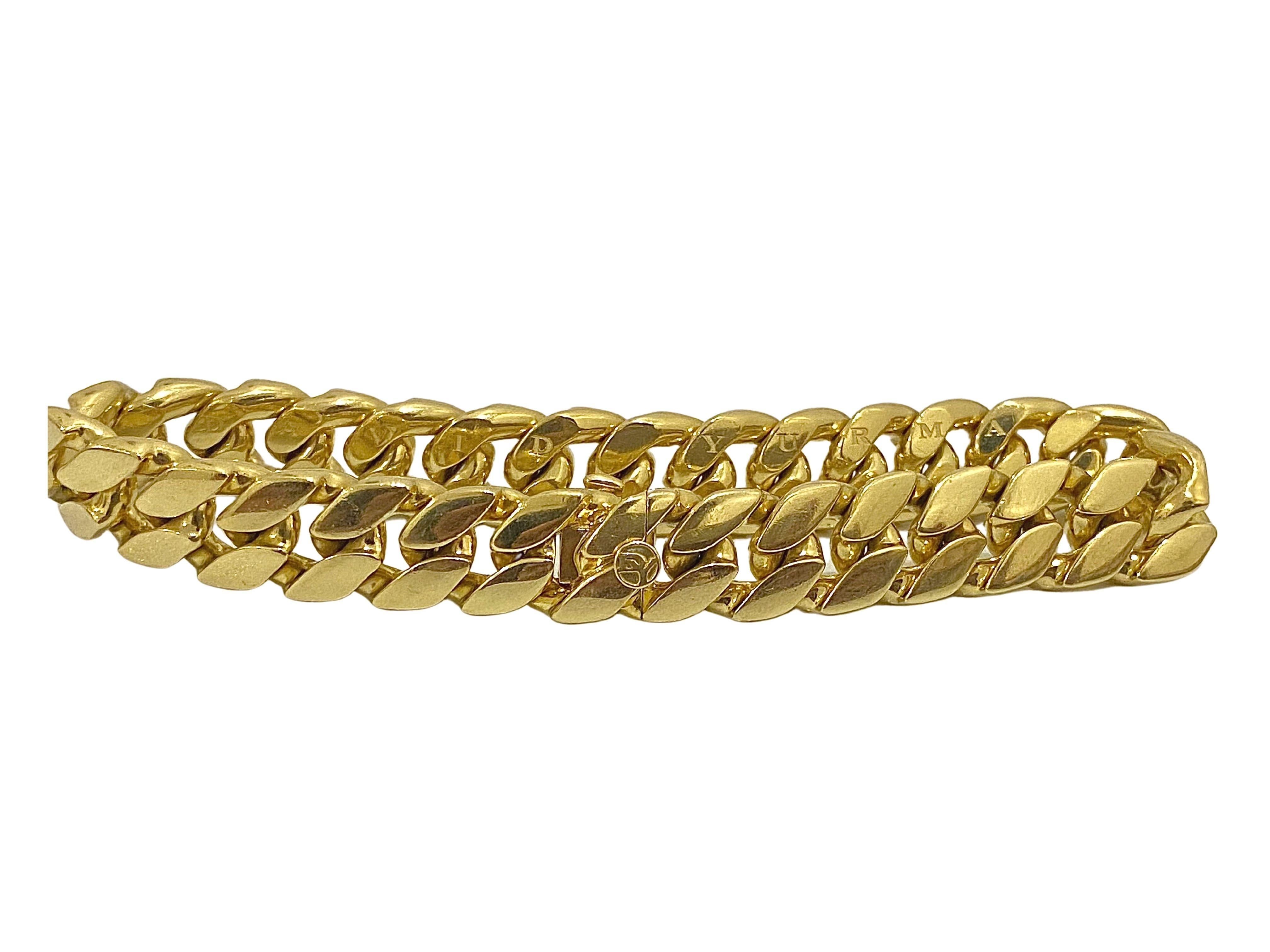 DAVID YURMAN Original flaches kubanisches Gliederarmband mit Kastenverschluss. Das in Italien hergestellte Armband aus massivem 18-karätigem Gold trägt die Signatur DAVID YURMAN auf den Gliedern und 