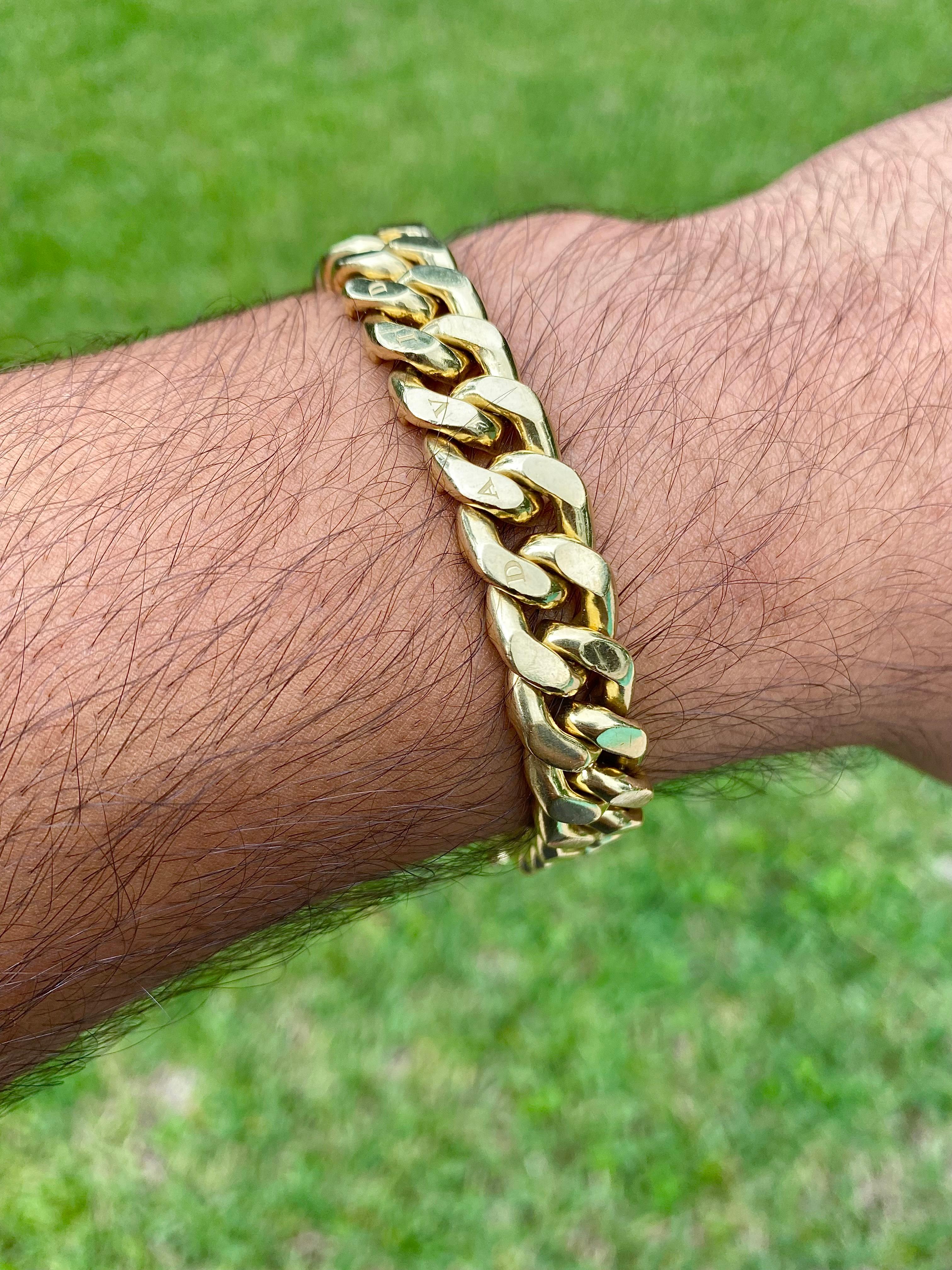 18k Yellow Gold David Yurman 8 inch 11.5mm Flat Cuban Link Mens Bracelet In Good Condition For Sale In Miami, FL