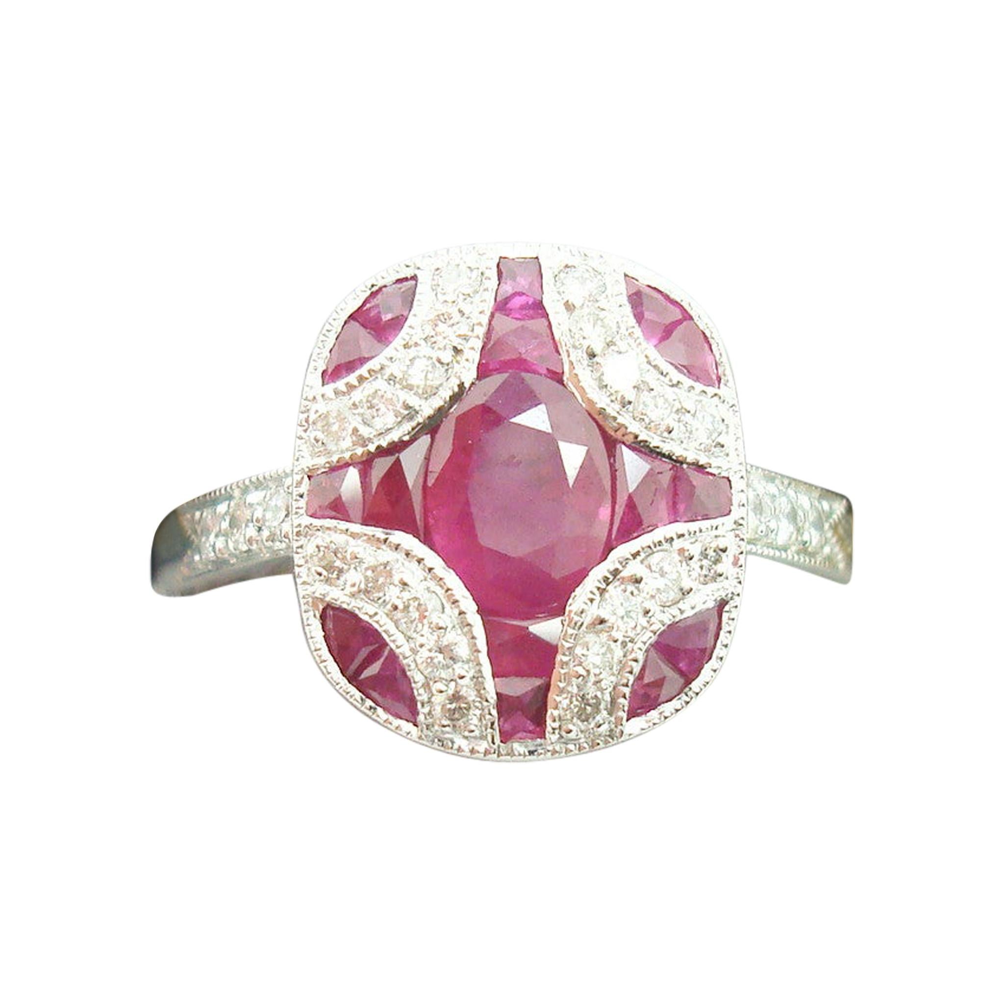 18k Gold Deco Style 1.28ct Genuine Natural Ruby Ring with Diamonds '#J2355' For Sale