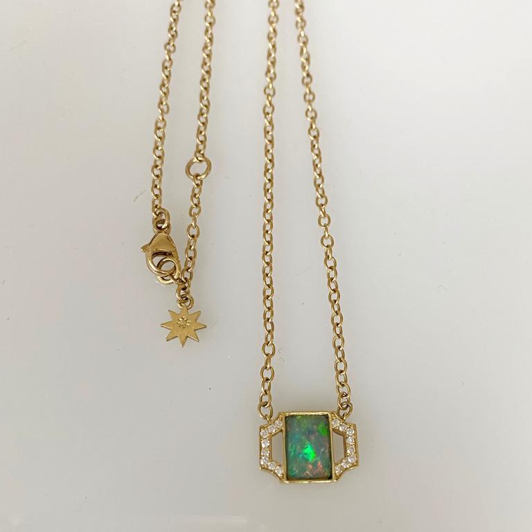 Rose Cut 18k Gold Deco Style Pendant with Opal and Diamonds For Sale