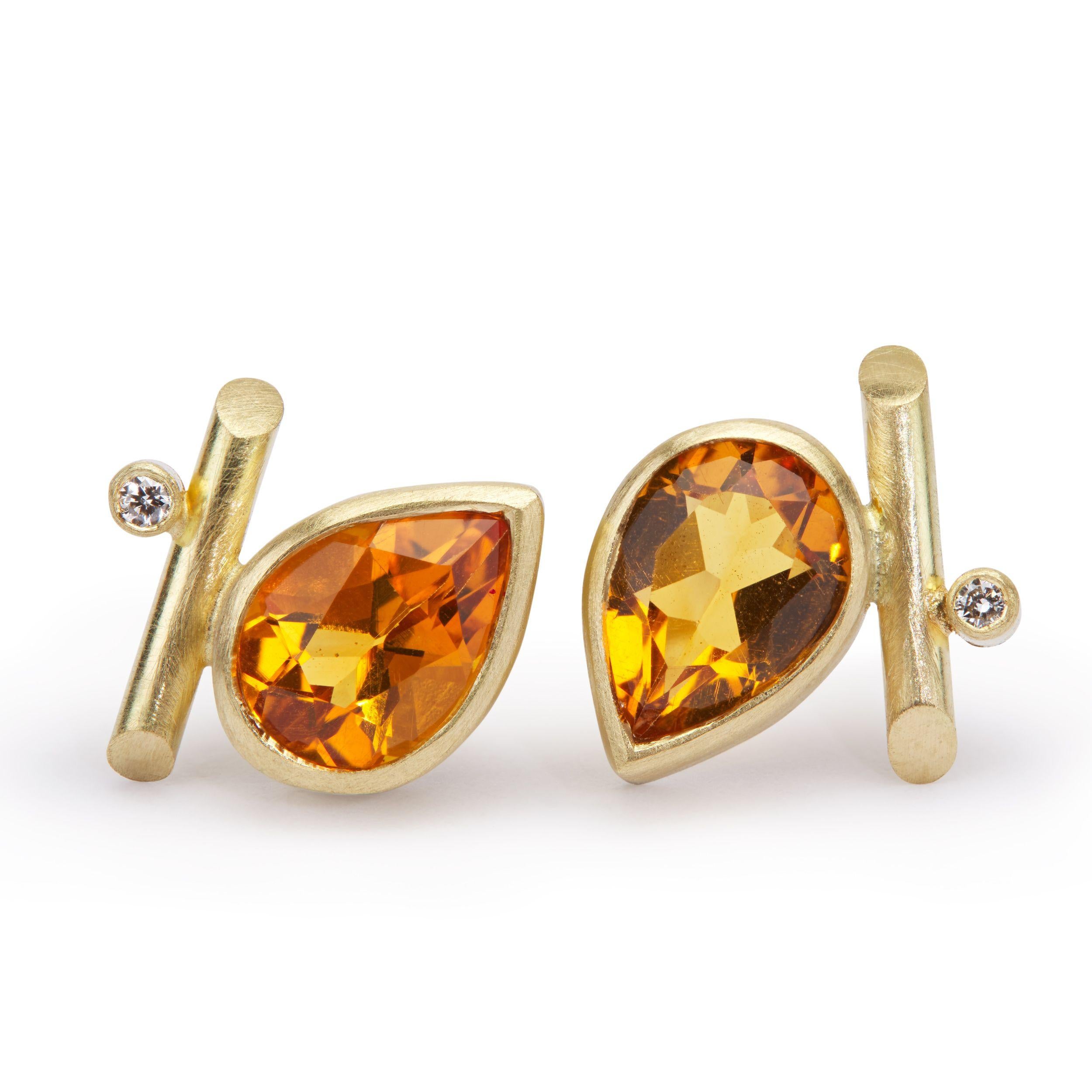 Pear Cut 18K Gold, Deep Citrine, White Diamonds Angle Stud Pierced Earrings For Sale