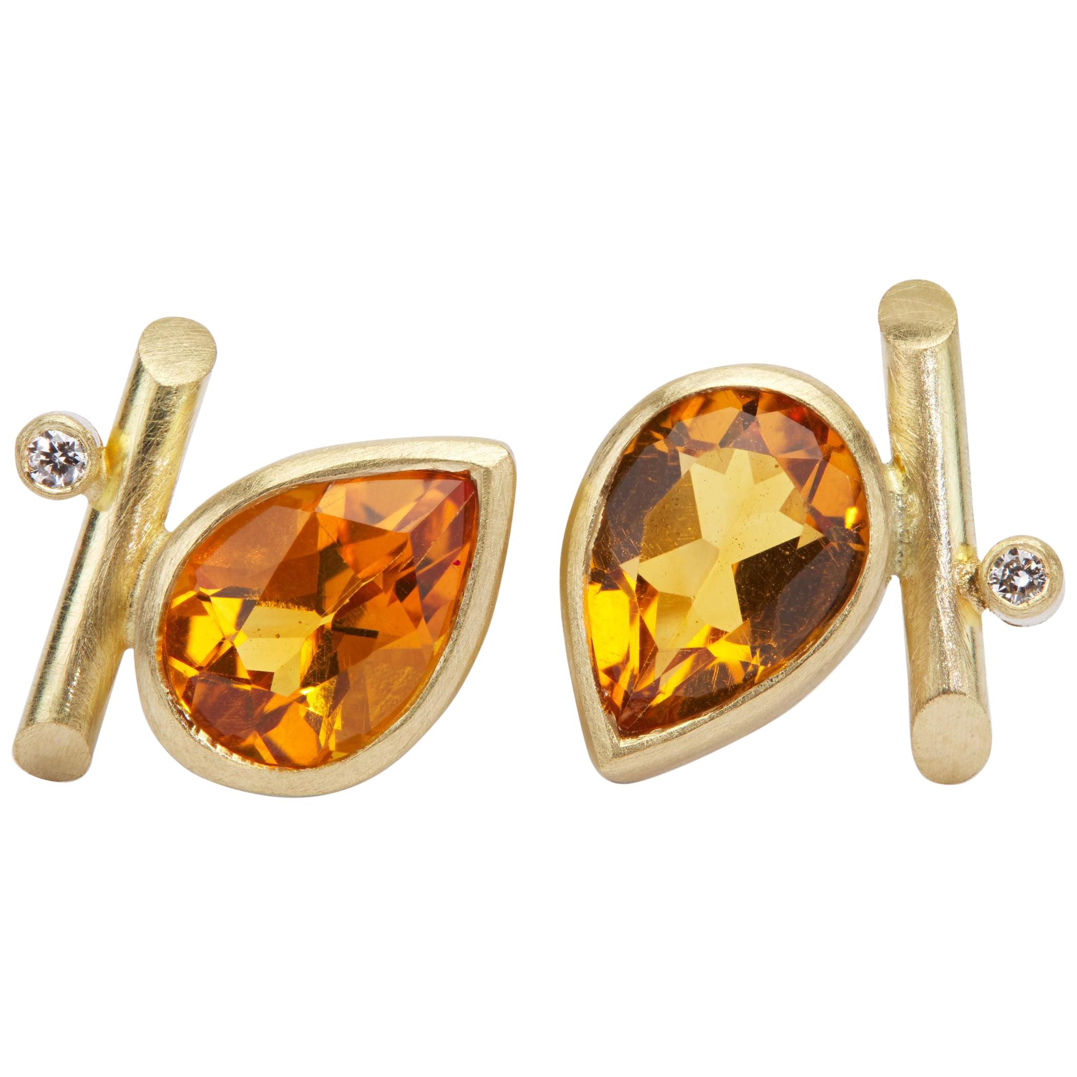 18K Gold, Deep Citrine, White Diamonds Angle Stud Pierced Earrings For Sale