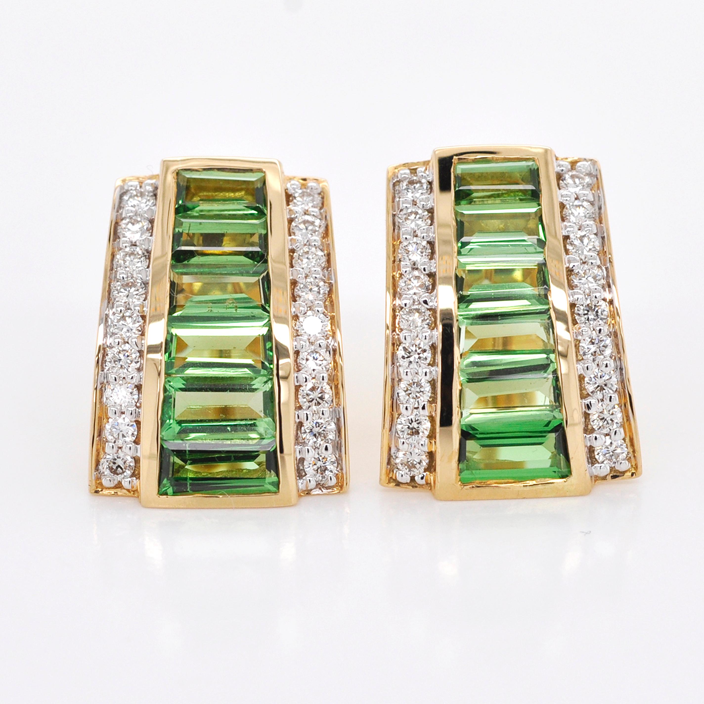 Baguette Cut 18K Gold Demantoid Tsavorite Baguette Diamond Art Deco Style Stud Earrings For Sale