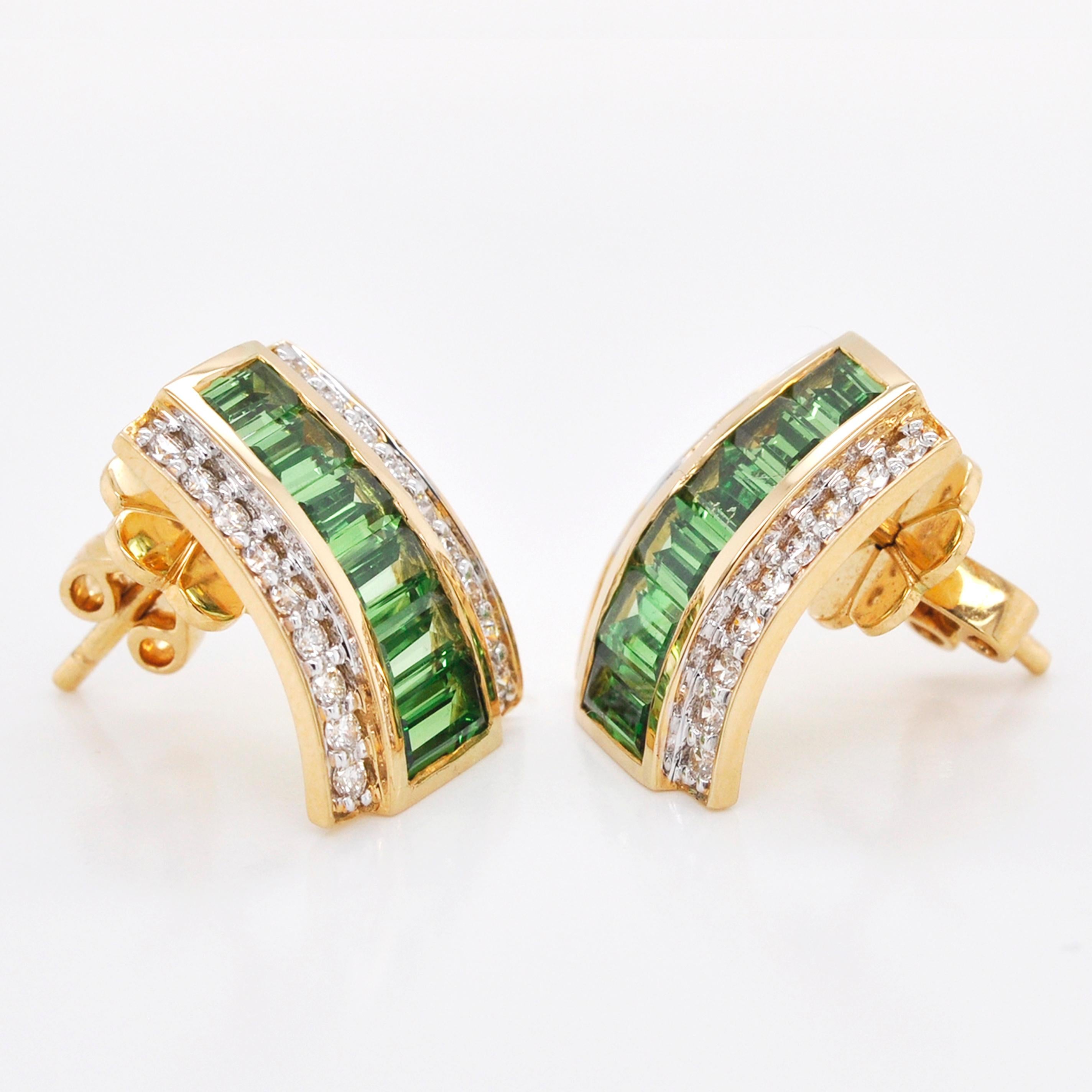 Women's 18K Gold Demantoid Tsavorite Baguette Diamond Art Deco Style Stud Earrings For Sale