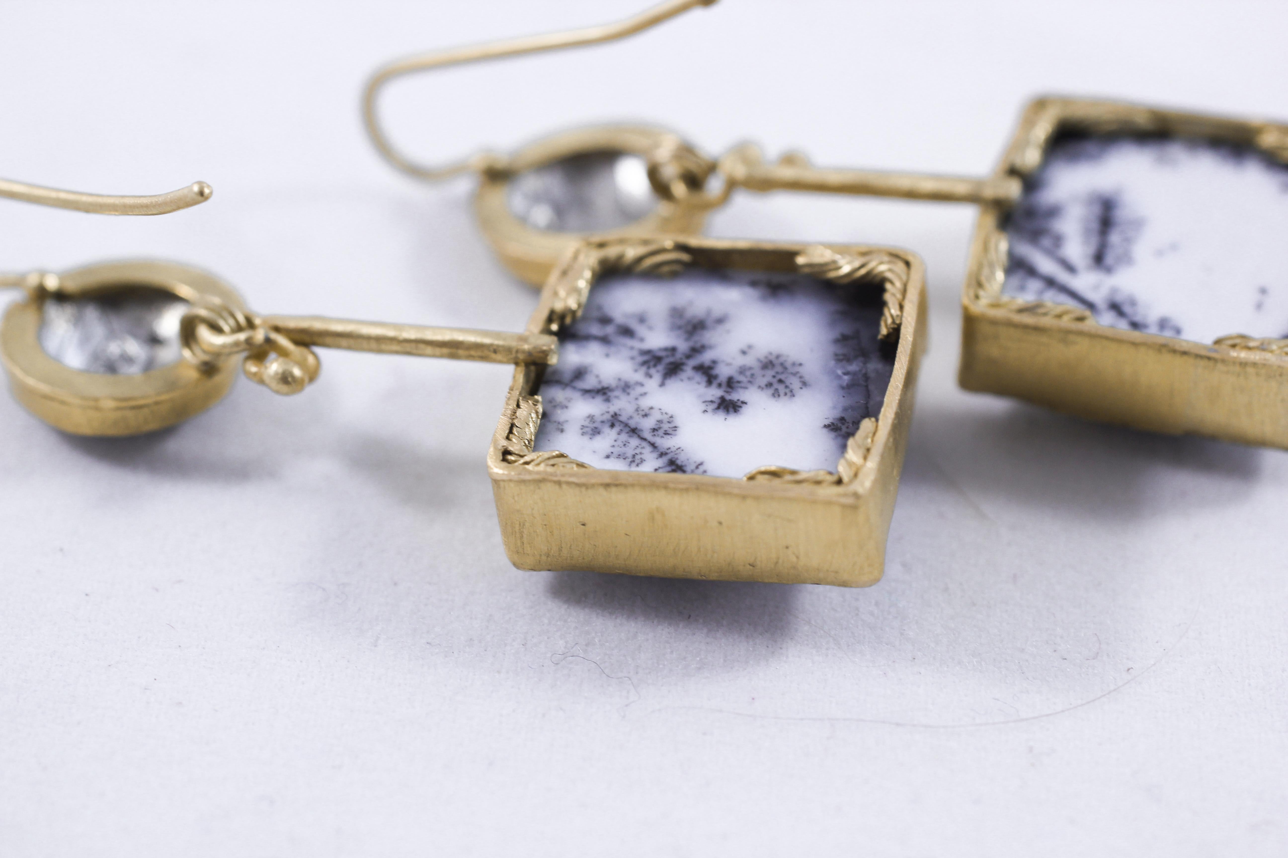 18K Gold Dendrite Opal Enamel Drop Dangle Earrings Contemporary Handmade Gift 6