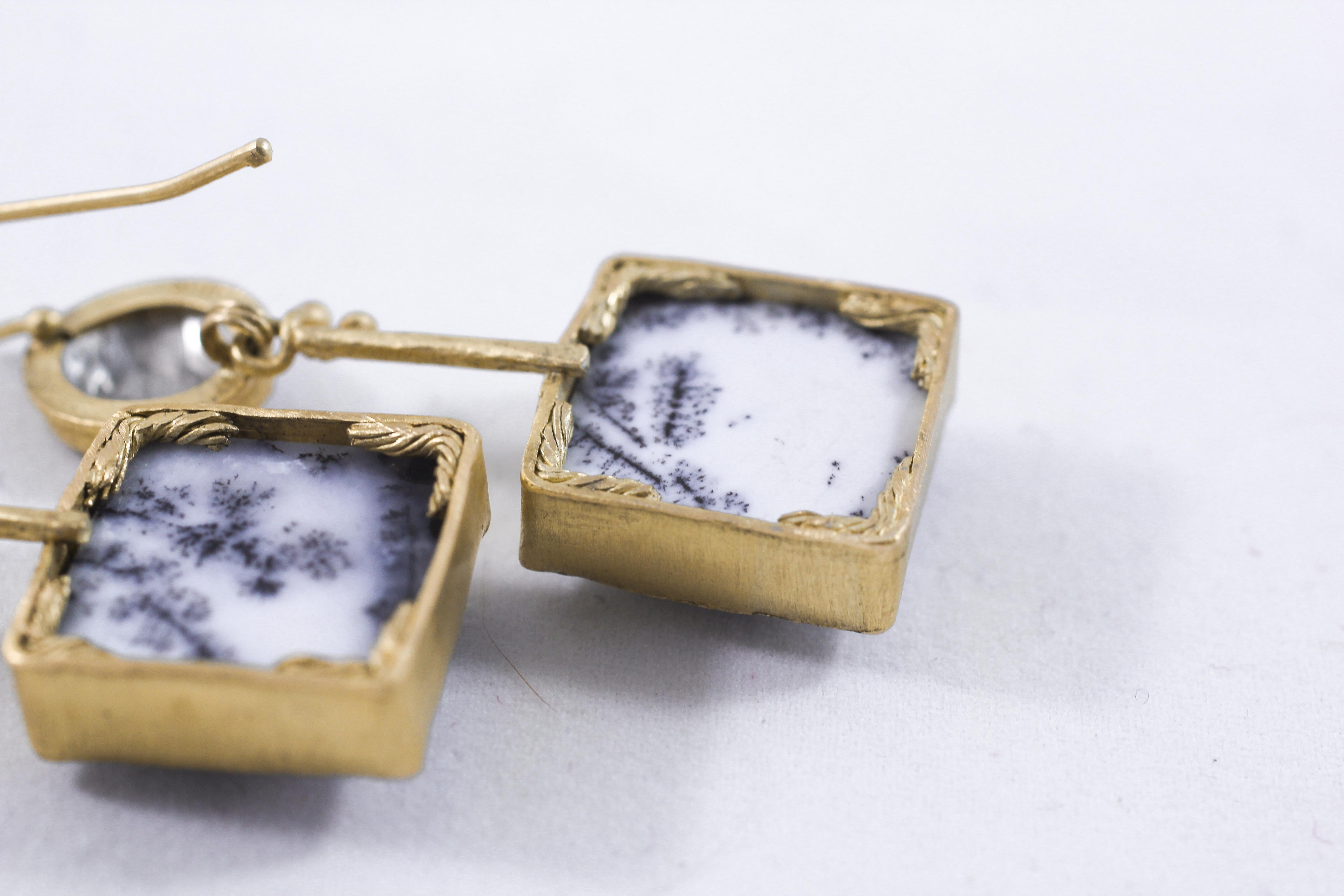 18K Gold Dendrite Opal Enamel Drop Dangle Earrings Contemporary Handmade Gift 7