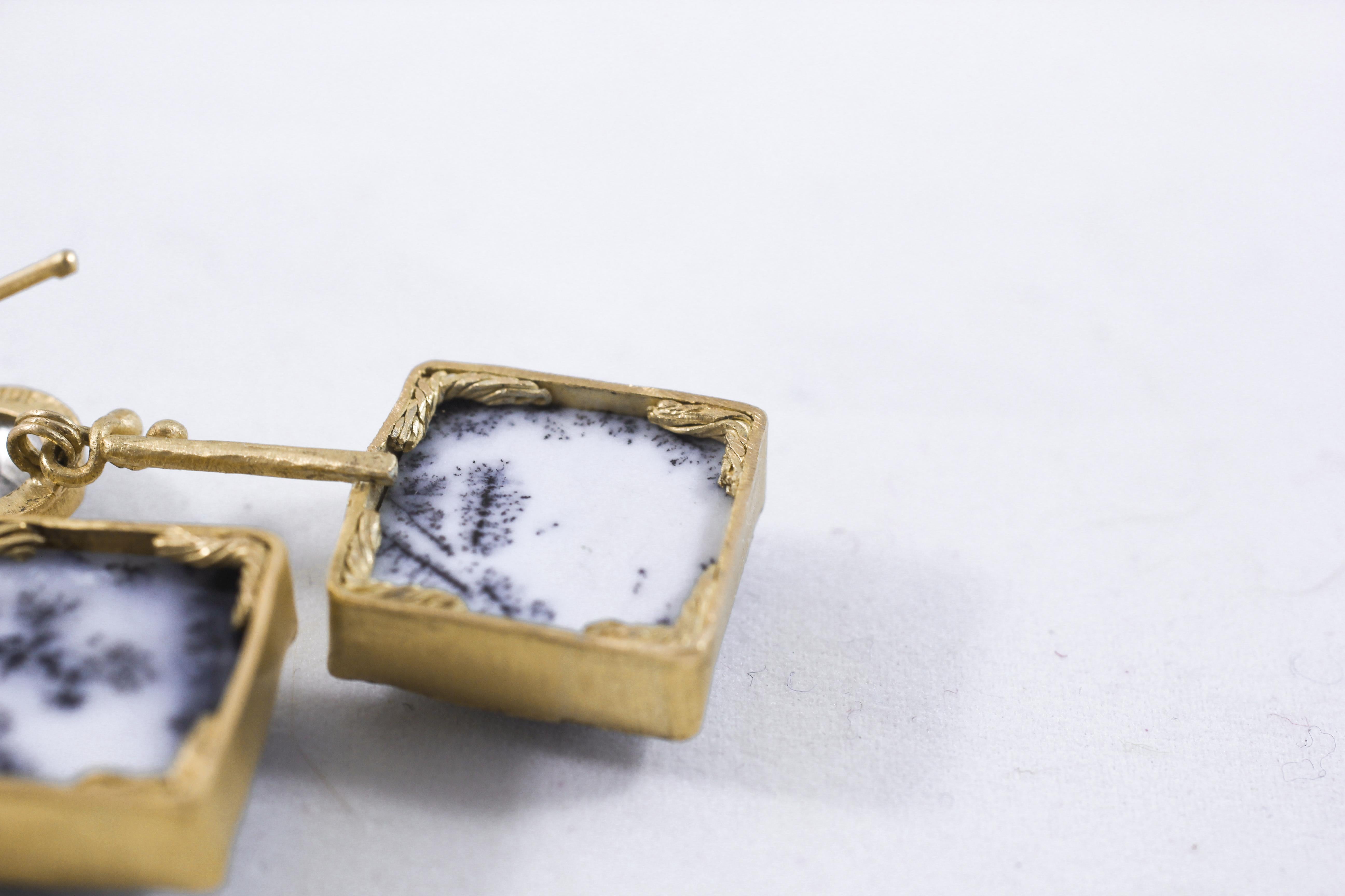 18K Gold Dendrite Opal Enamel Drop Dangle Earrings Contemporary Handmade Gift 8