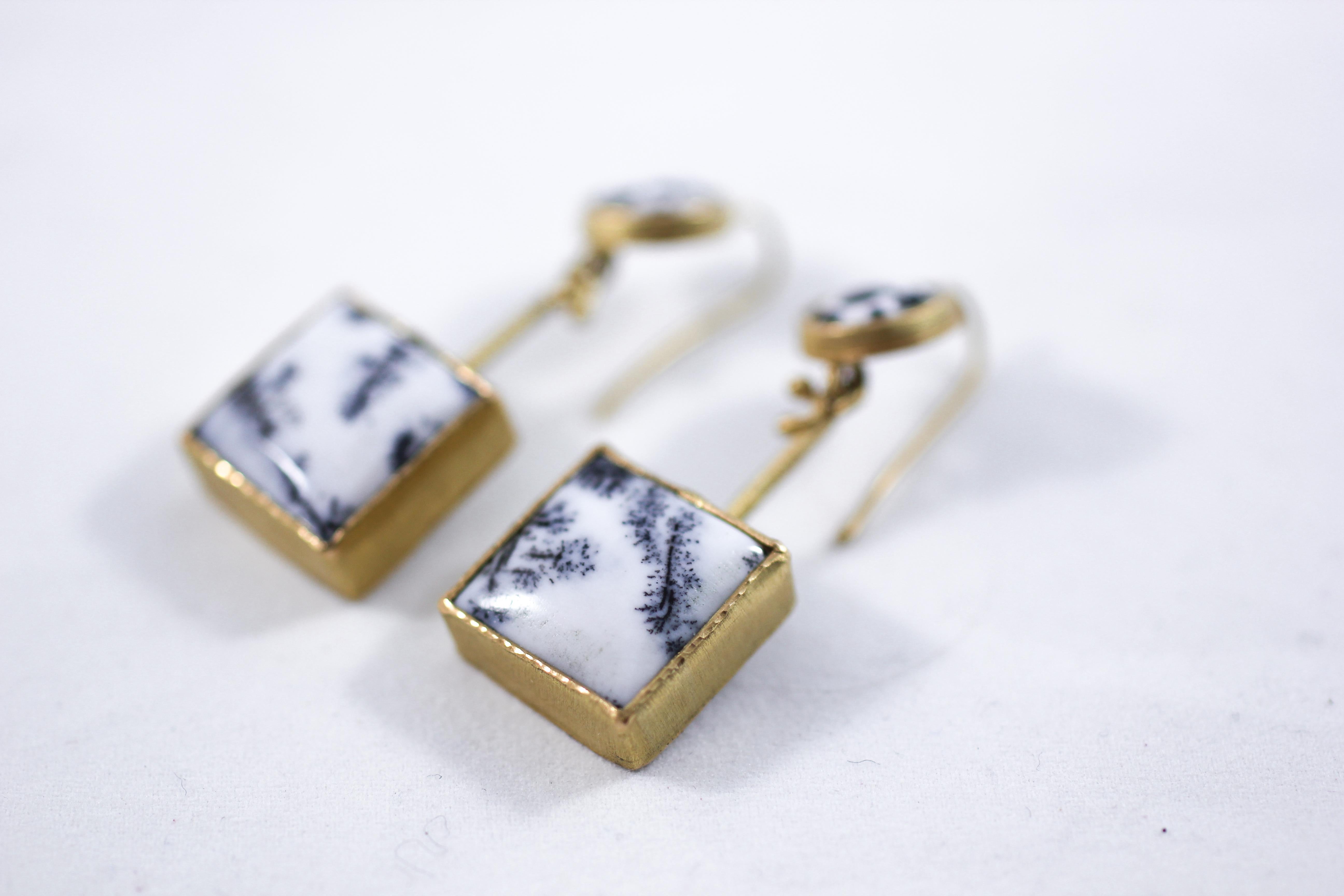 Square Cut 18K Gold Dendrite Opal Enamel Drop Dangle Earrings Contemporary Handmade Gift