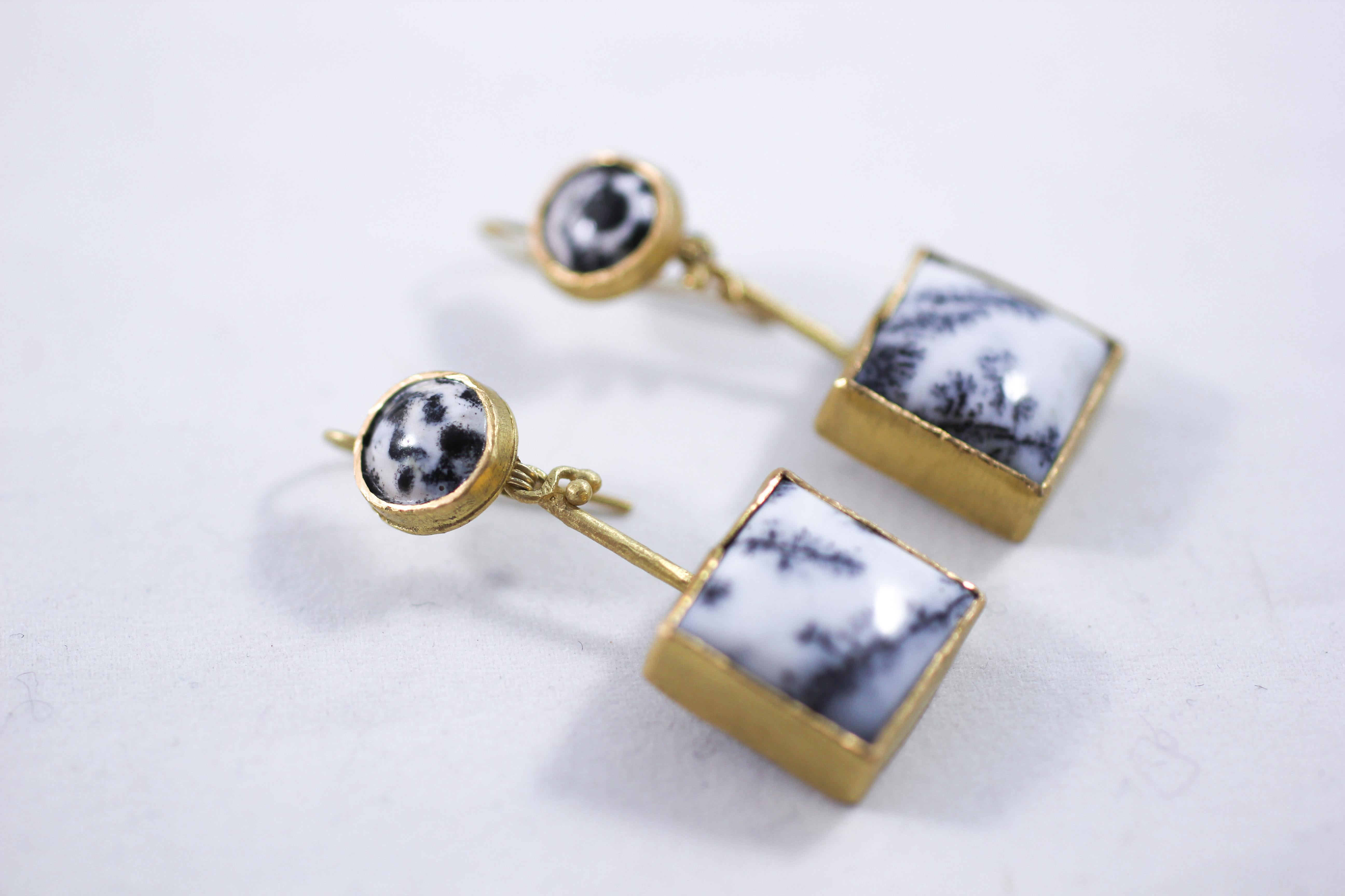 18K Gold Dendrite Opal Enamel Drop Dangle Earrings Contemporary Handmade Gift In New Condition In New York, NY