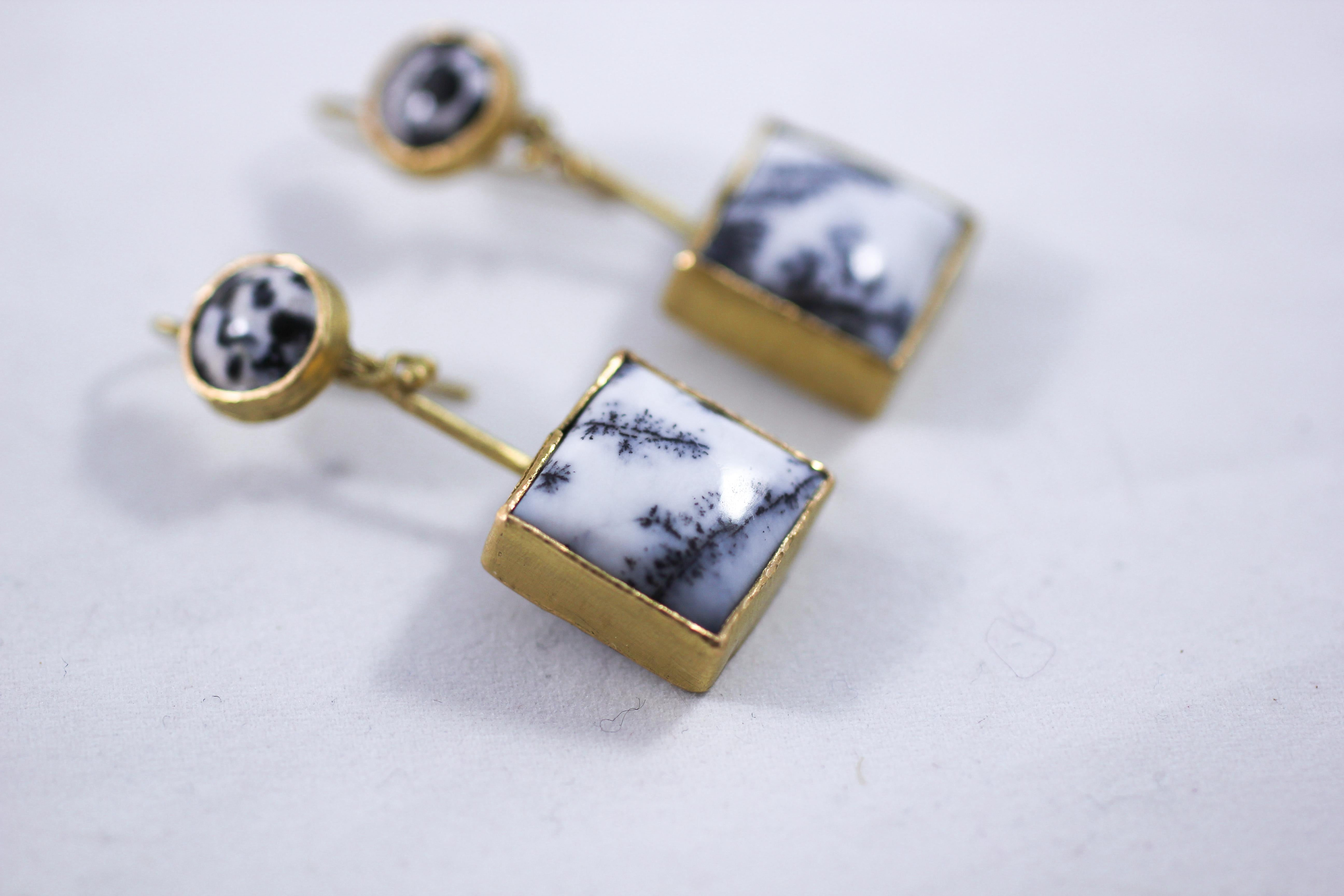 Women's 18K Gold Dendrite Opal Enamel Drop Dangle Earrings Contemporary Handmade Gift