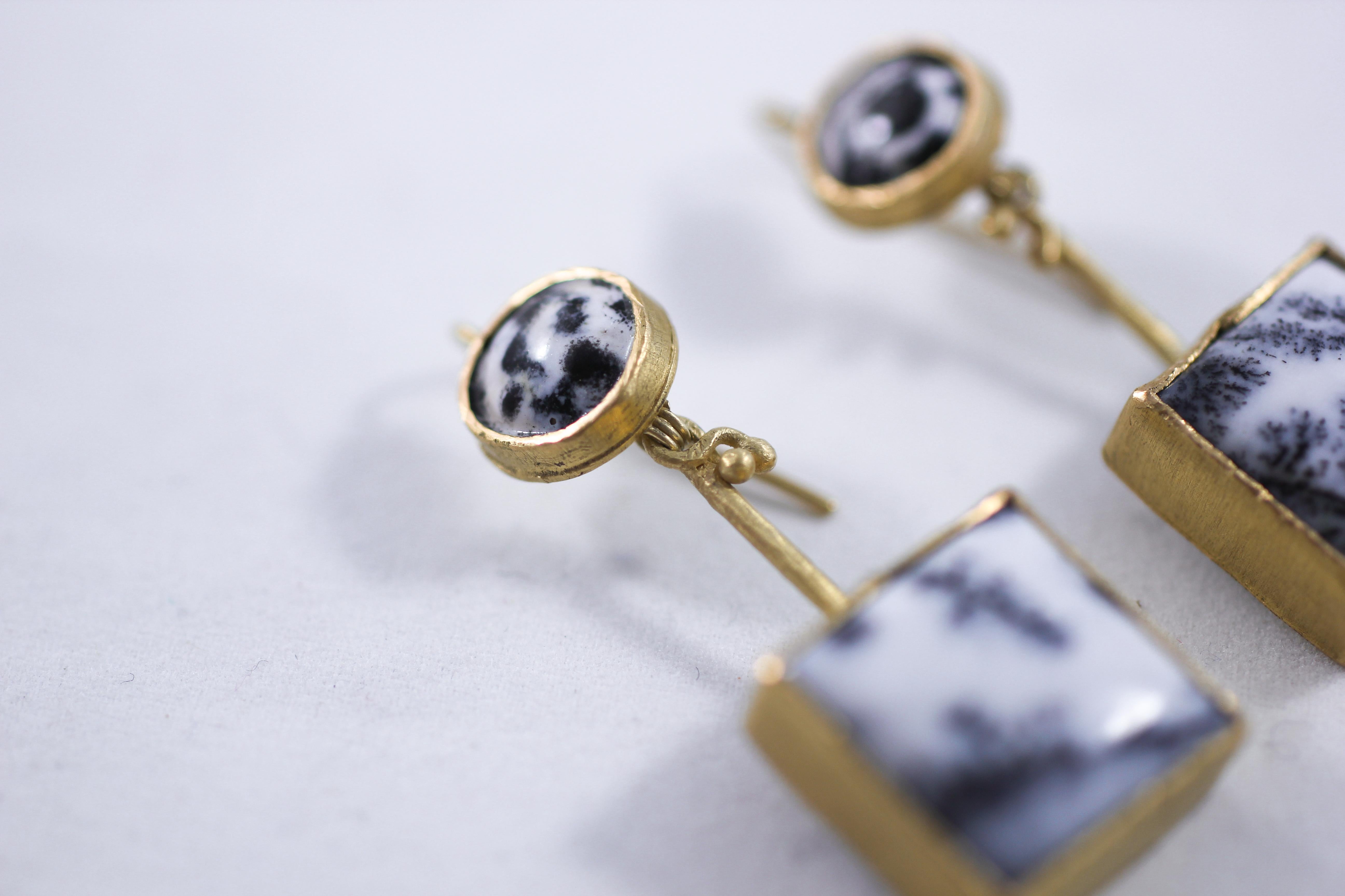 18K Gold Dendrite Opal Enamel Drop Dangle Earrings Contemporary Handmade Gift 1