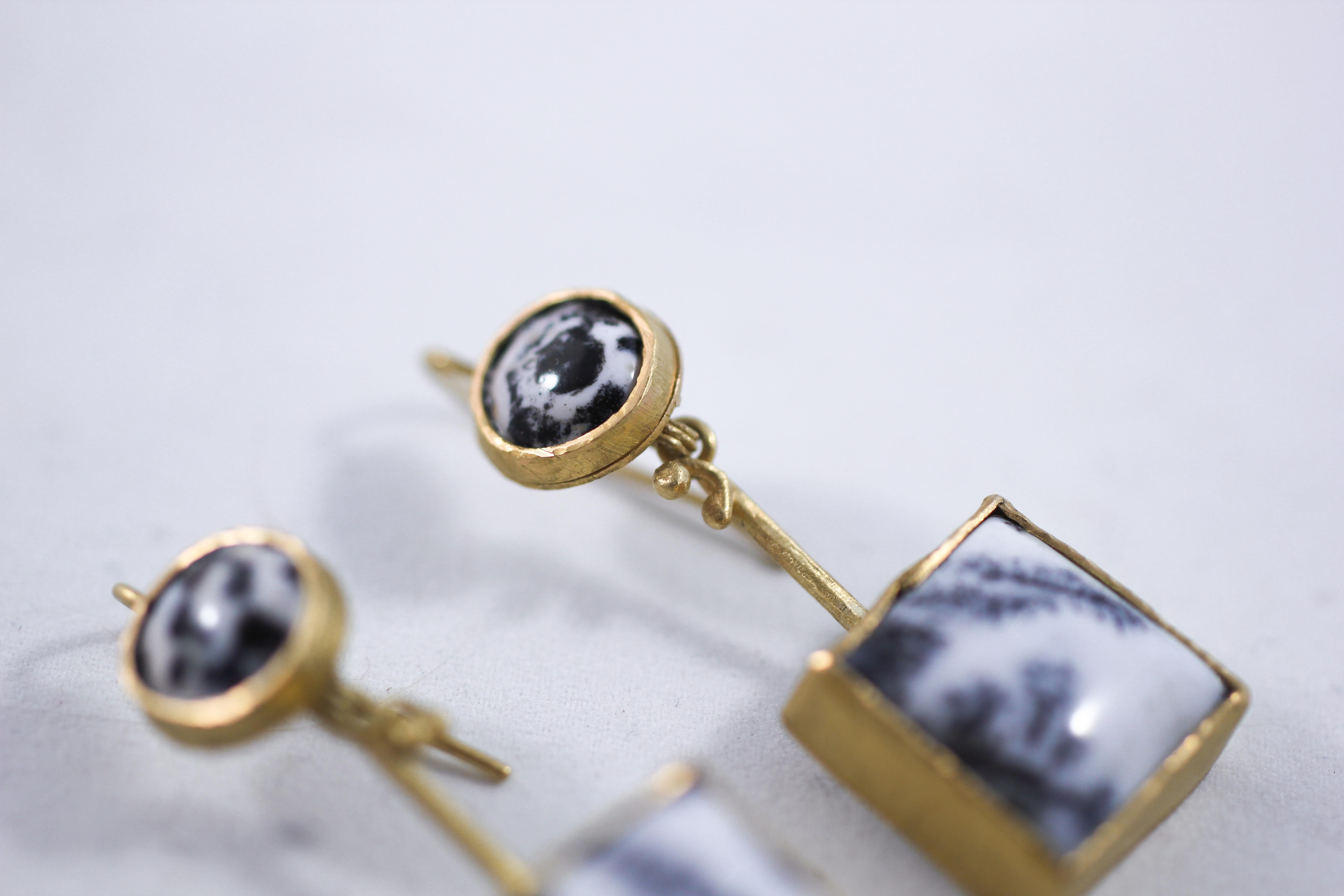 18K Gold Dendrite Opal Enamel Drop Dangle Earrings Contemporary Handmade Gift 2