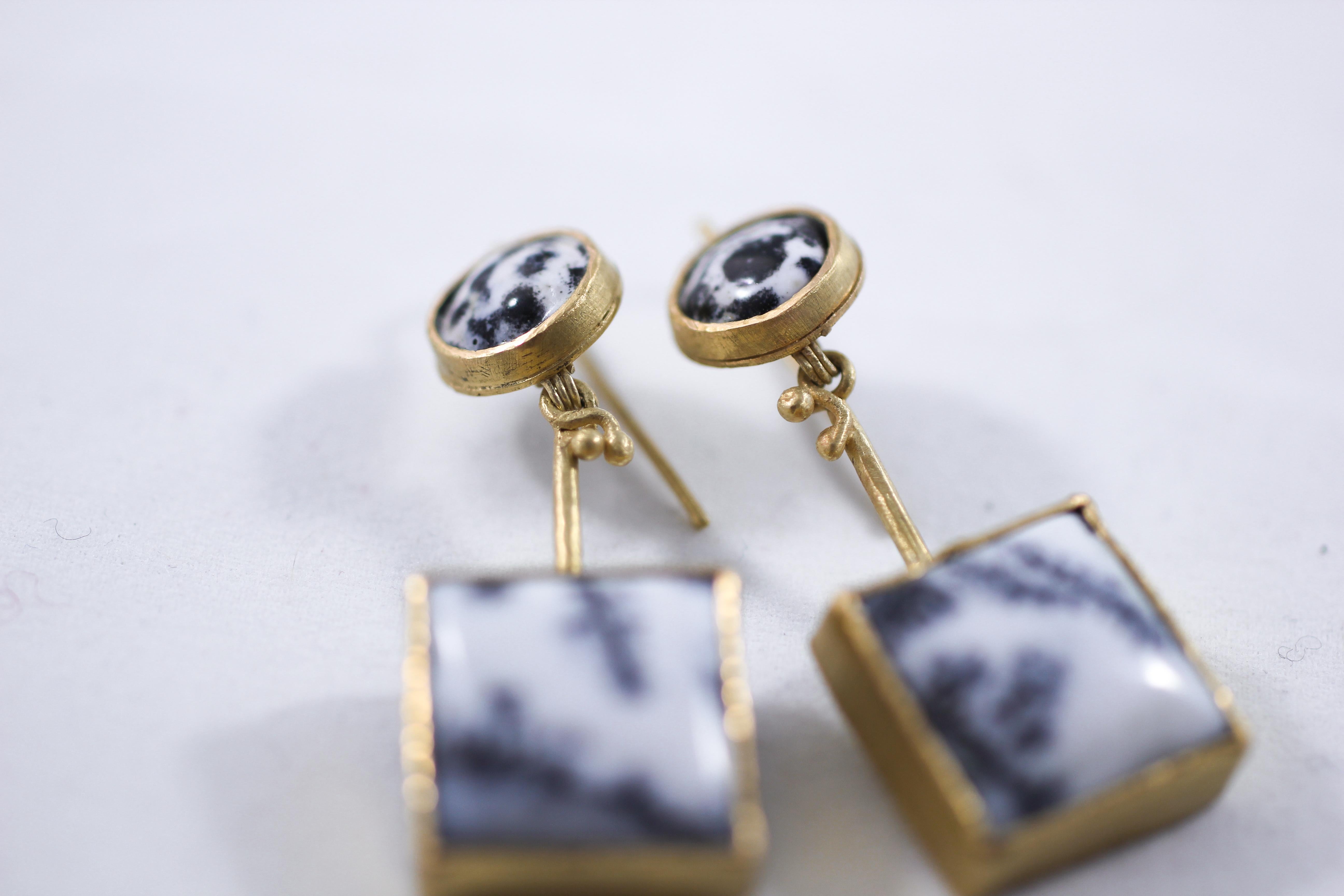 18K Gold Dendrite Opal Enamel Drop Dangle Earrings Contemporary Handmade Gift 3