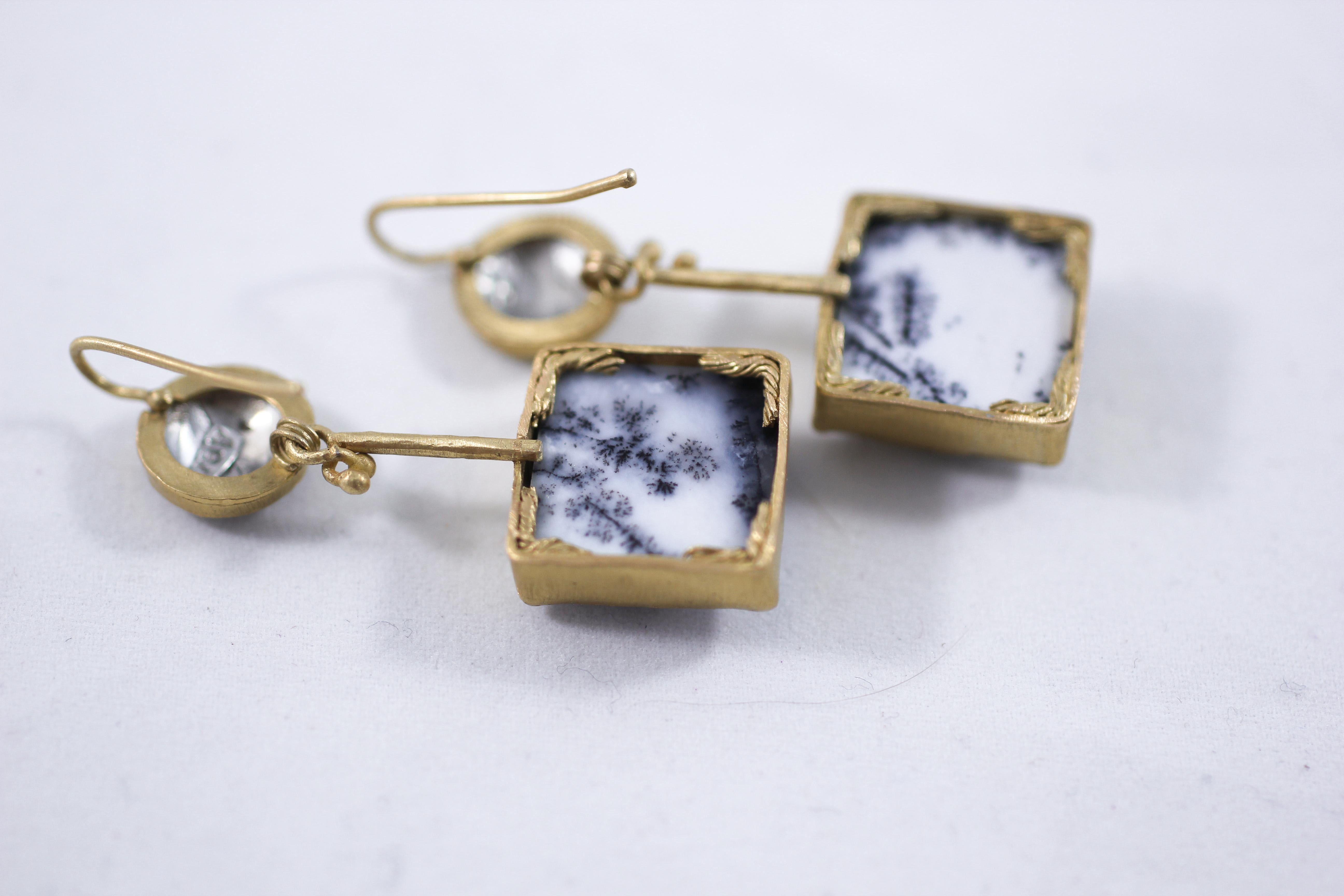 18K Gold Dendrite Opal Enamel Drop Dangle Earrings Contemporary Handmade Gift 4