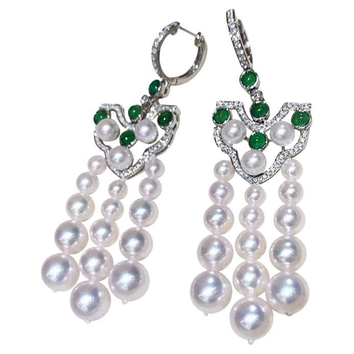 【Crown Radiance】Pendientes de noche de perlas Akoya y diamantes esmeralda con florecimiento de borlas en venta