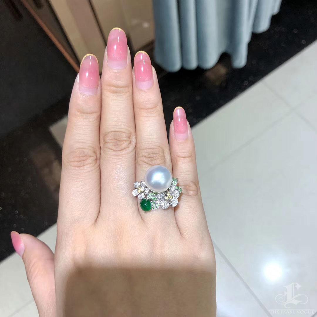 Uncut 【Jādora】Verdant Bloom Aurora South Sea Pearl Garden Ring For Sale