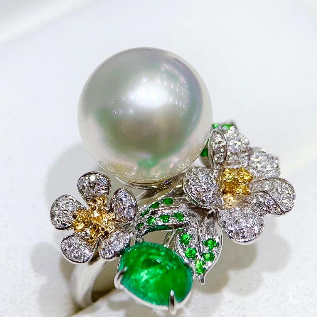【Jādora】Verdant Bloom Aurora South Sea Pearl Garden Ring For Sale 2