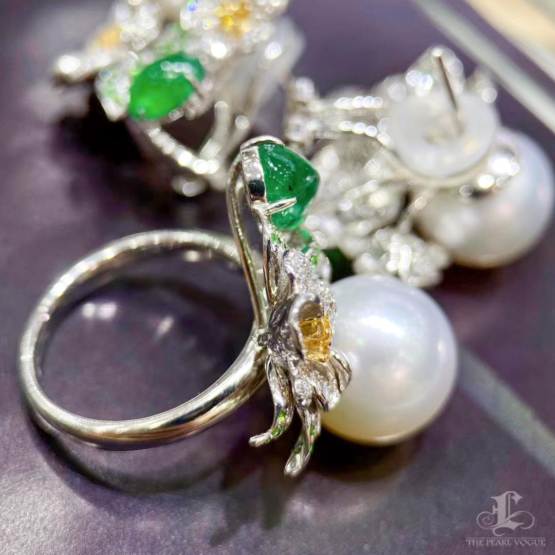 【Jādora】Verdant Bloom Aurora South Sea Pearl Garden Ring For Sale 3