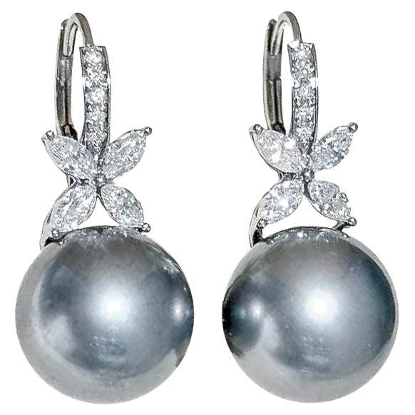 【Crown Radiance】Noir Bloom Aurora Tahitian Pearl & Diamond Earrings For Sale