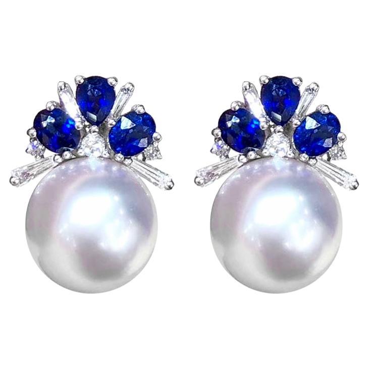 【Crown Radiance】Aurora South Sea Pearl, Sapphire, and Diamond Earrings
