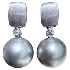 PSL OCENA BLUE Certificate 18k Gold Diamond 12mm Tahitian Pearl Earrings