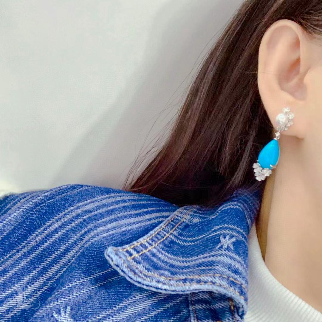 Non taillé 【Caelmare】Tear of Capri Aurora Akoya Pearl Turquoise & Diamond Drop Ears en vente