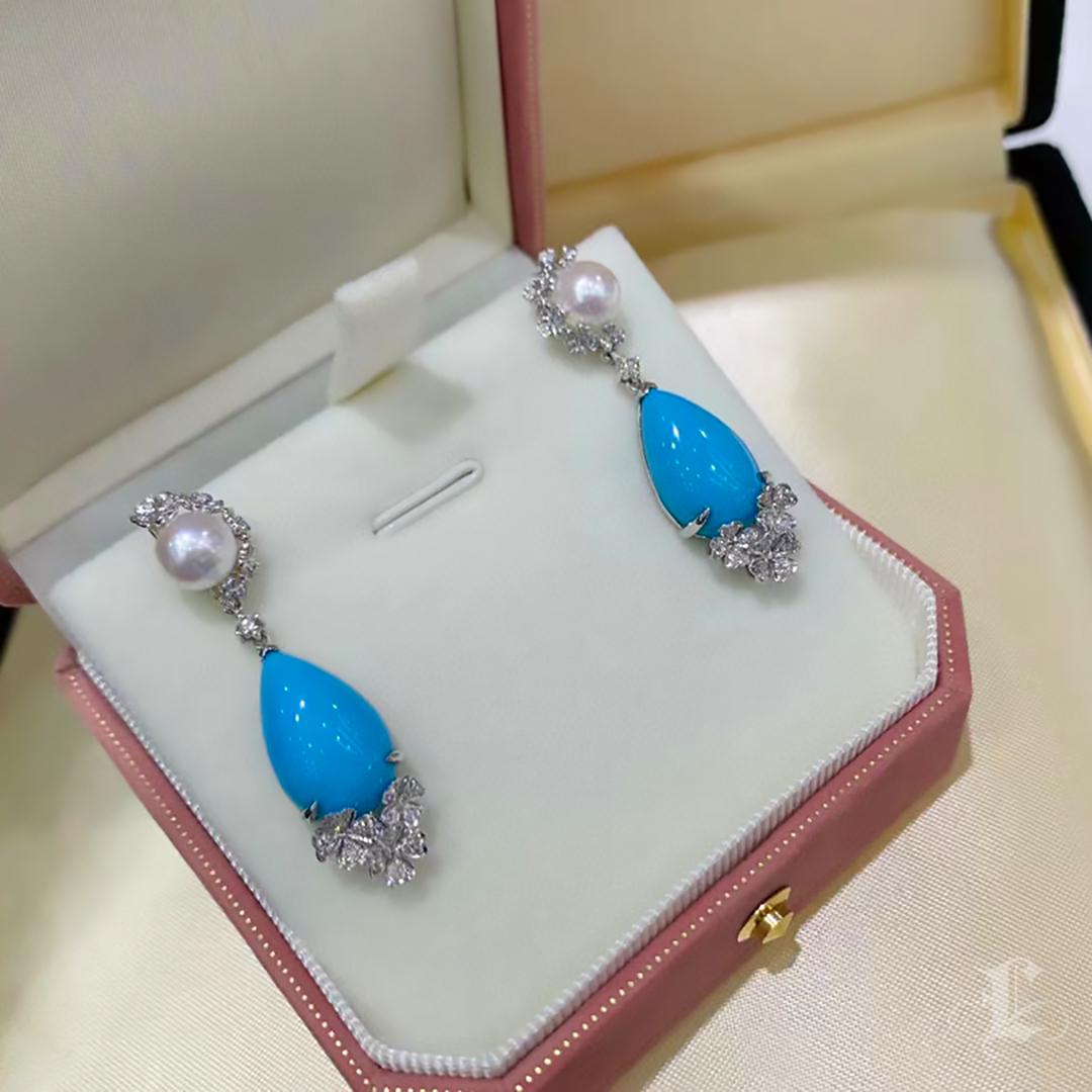 【Caelmare】Tear of Capri Aurora Akoya Pearl Turquoise & Diamond Drop Ears Neuf - En vente à New York, NY
