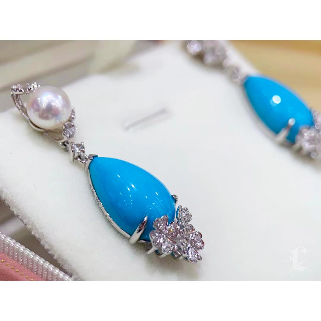 【Caelmare】Tear of Capri Aurora Akoya Pearl Turquoise & Diamond Drop Ears Pour femmes en vente
