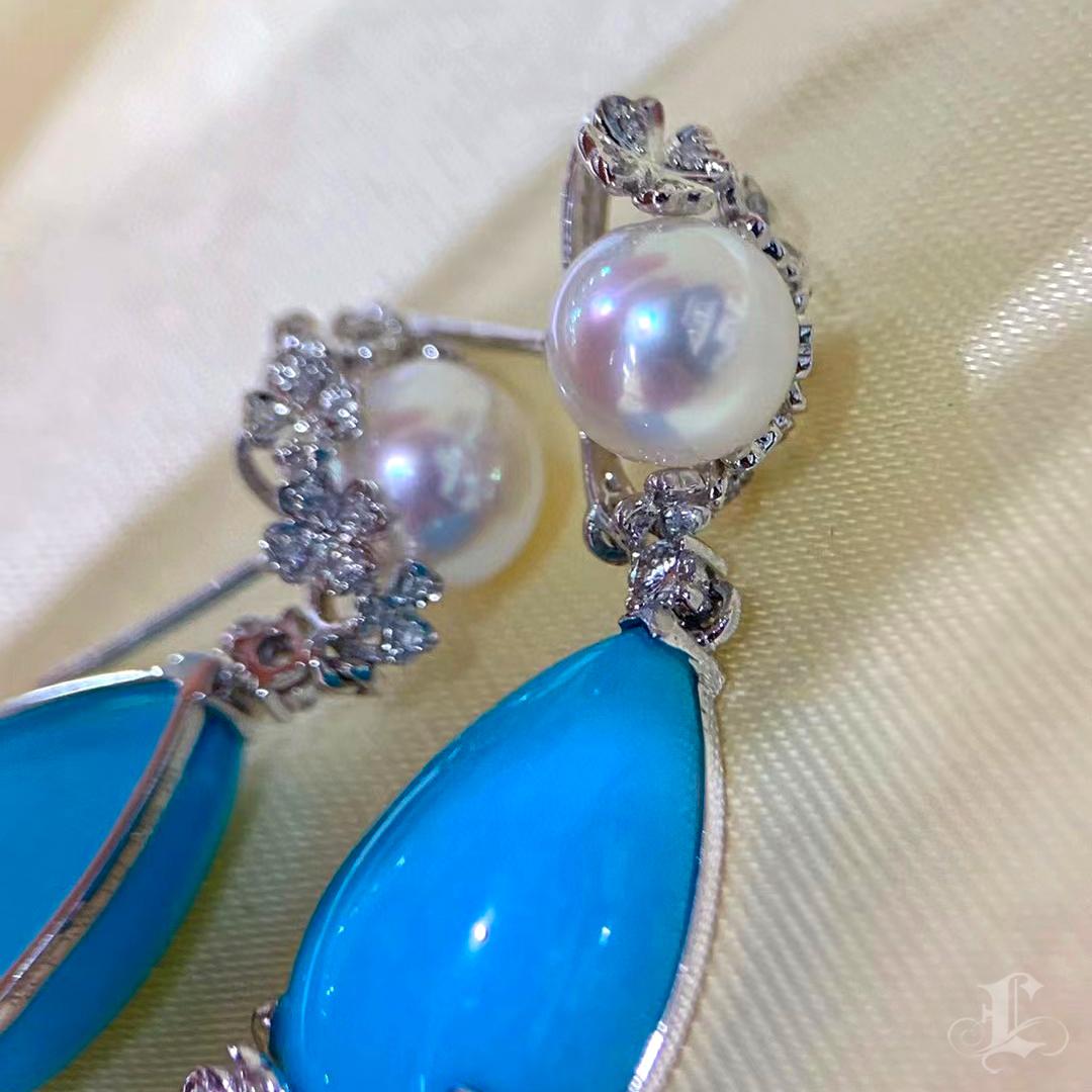 【Caelmare】Tear of Capri Aurora Akoya Pearl Turquoise & Diamond Drop Ears en vente 1