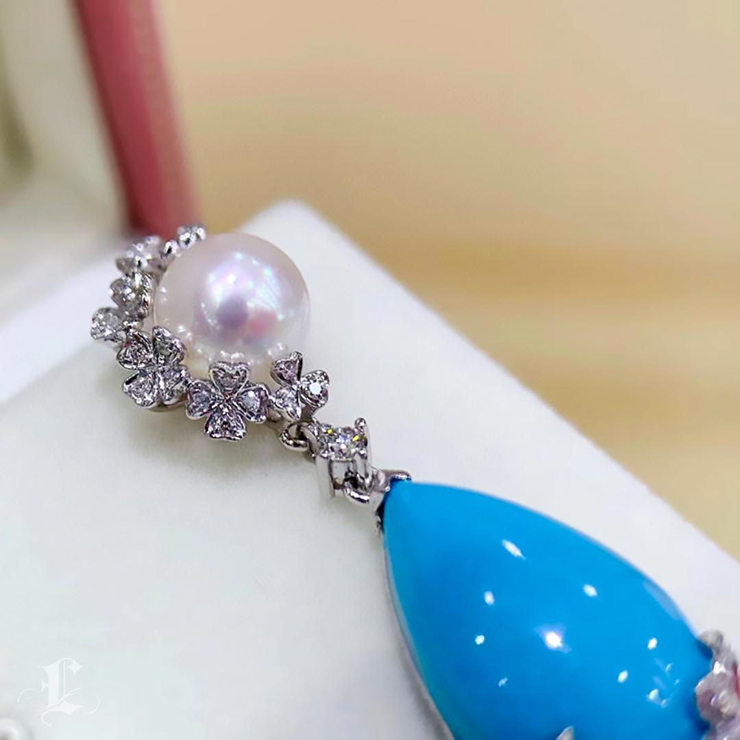 【Caelmare】Tear of Capri Aurora Akoya Pearl Turquoise & Diamond Drop Ears en vente 2