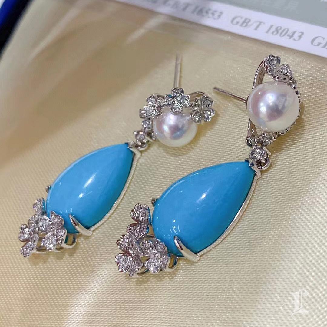 【Caelmare】Tear of Capri Aurora Akoya Pearl Turquoise & Diamond Drop Ears en vente 3
