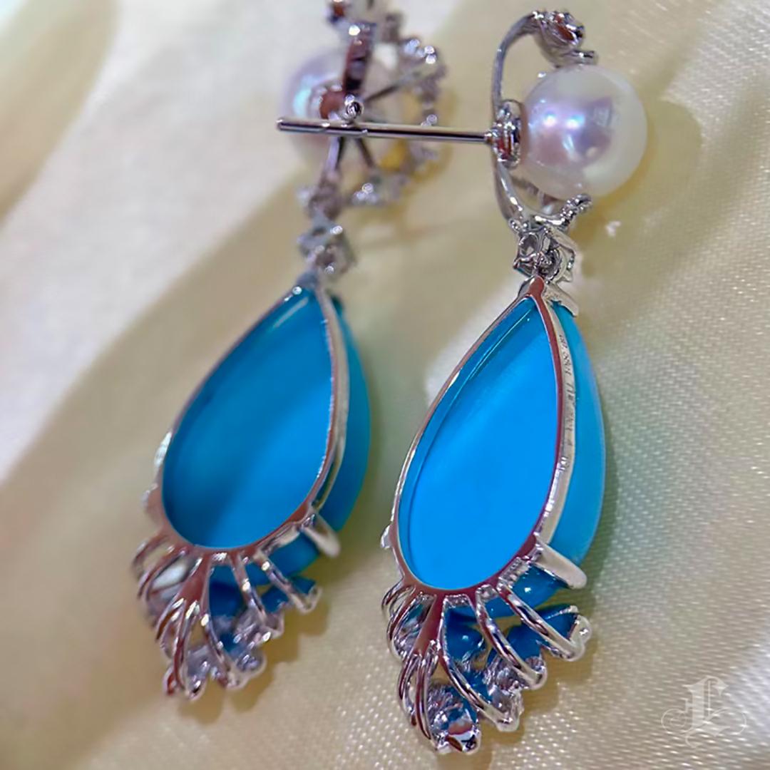 【Caelmare】Tear of Capri Aurora Akoya Pearl Turquoise & Diamond Drop Ears en vente 4