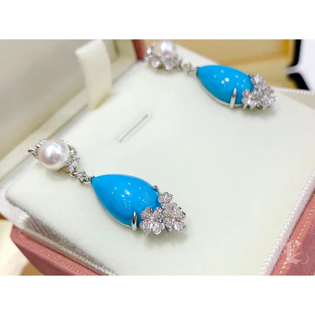 【Caelmare】Tear of Capri Aurora Akoya Pearl Turquoise & Diamond Drop Ears en vente 5