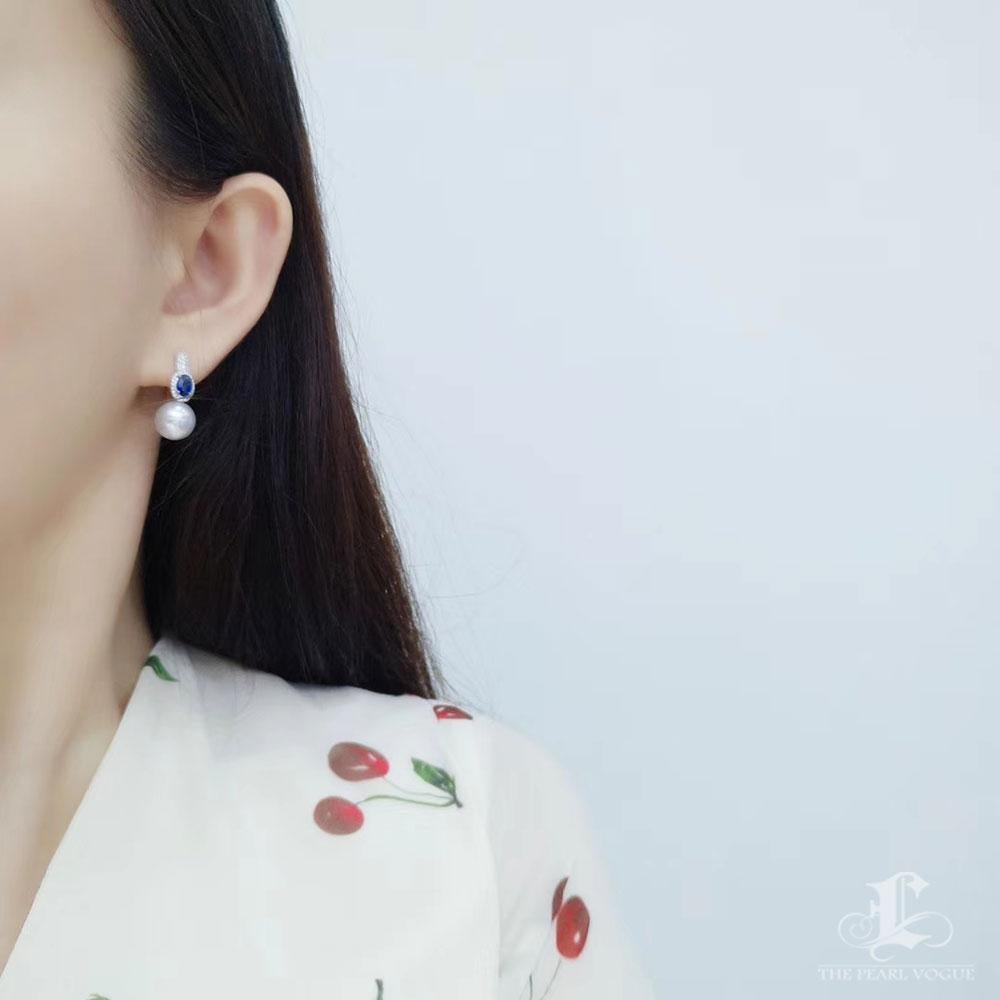 Pendientes Zafiro Halo Aurora Perla del Mar del Sur Diamante Sin cortar en venta