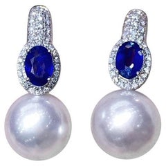 【Crown Radiance】Sapphire Halo Aurora South Sea Pearl Diamond Earrings